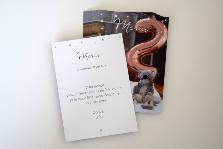 Organiser anniversaire 2 ans - carte remerciement faireparterie 04